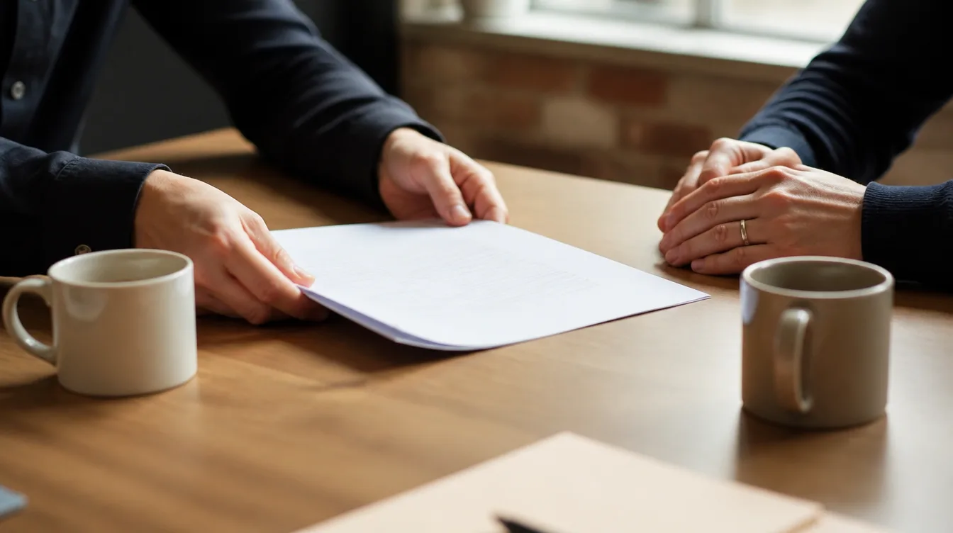 One person passing a printed document across a meeting table to another