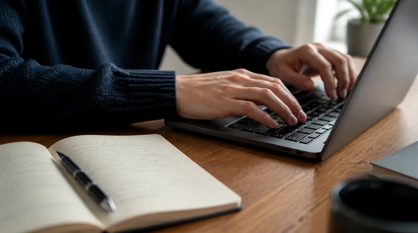 Hands typing on a laptop beside an open notebook on a wooden desk