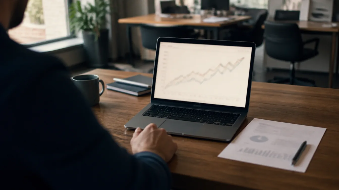 Analyst reviewing a rising performance chart on a laptop at a wooden desk