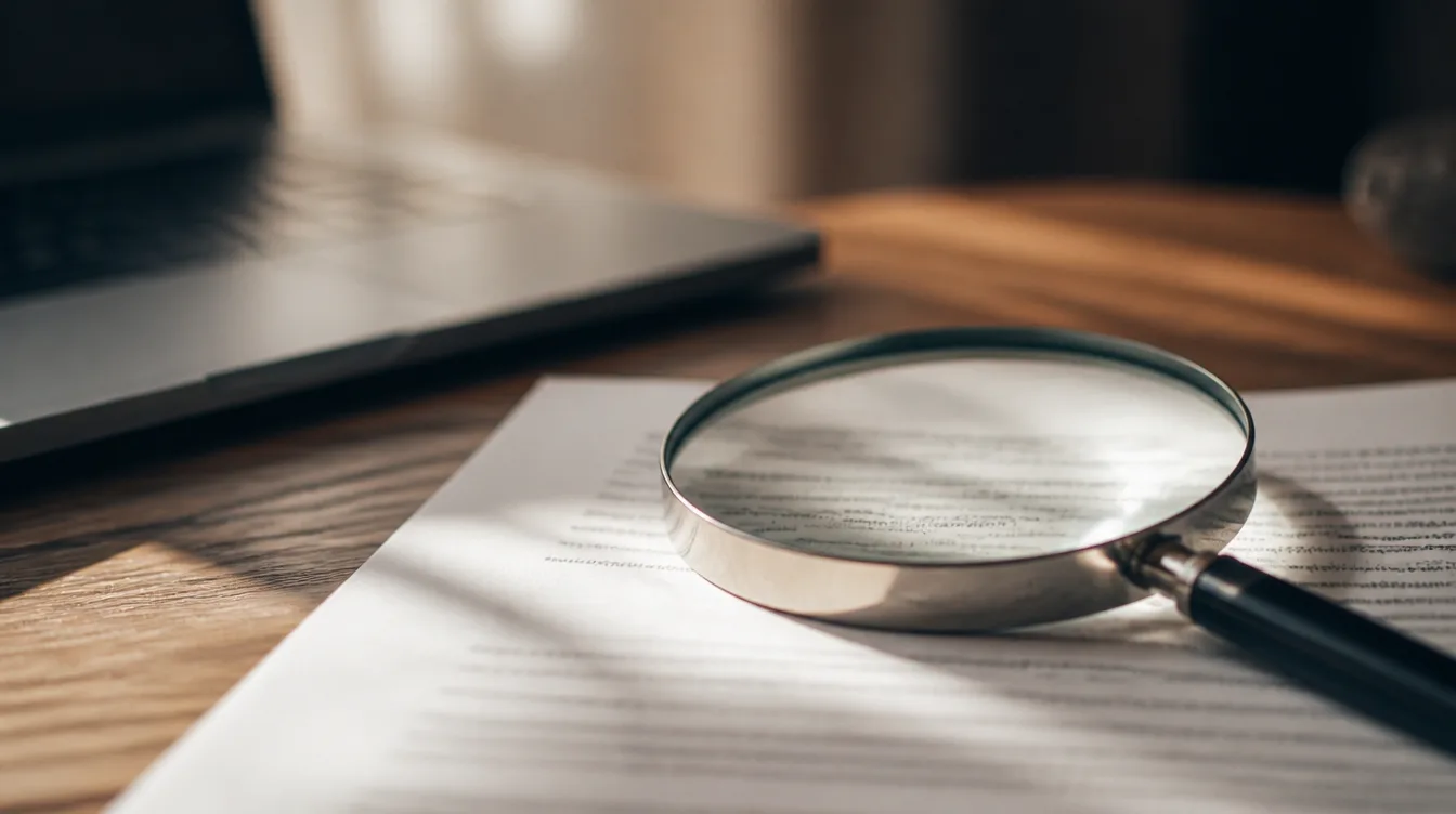Magnifying glass resting on a printed page beside a laptop